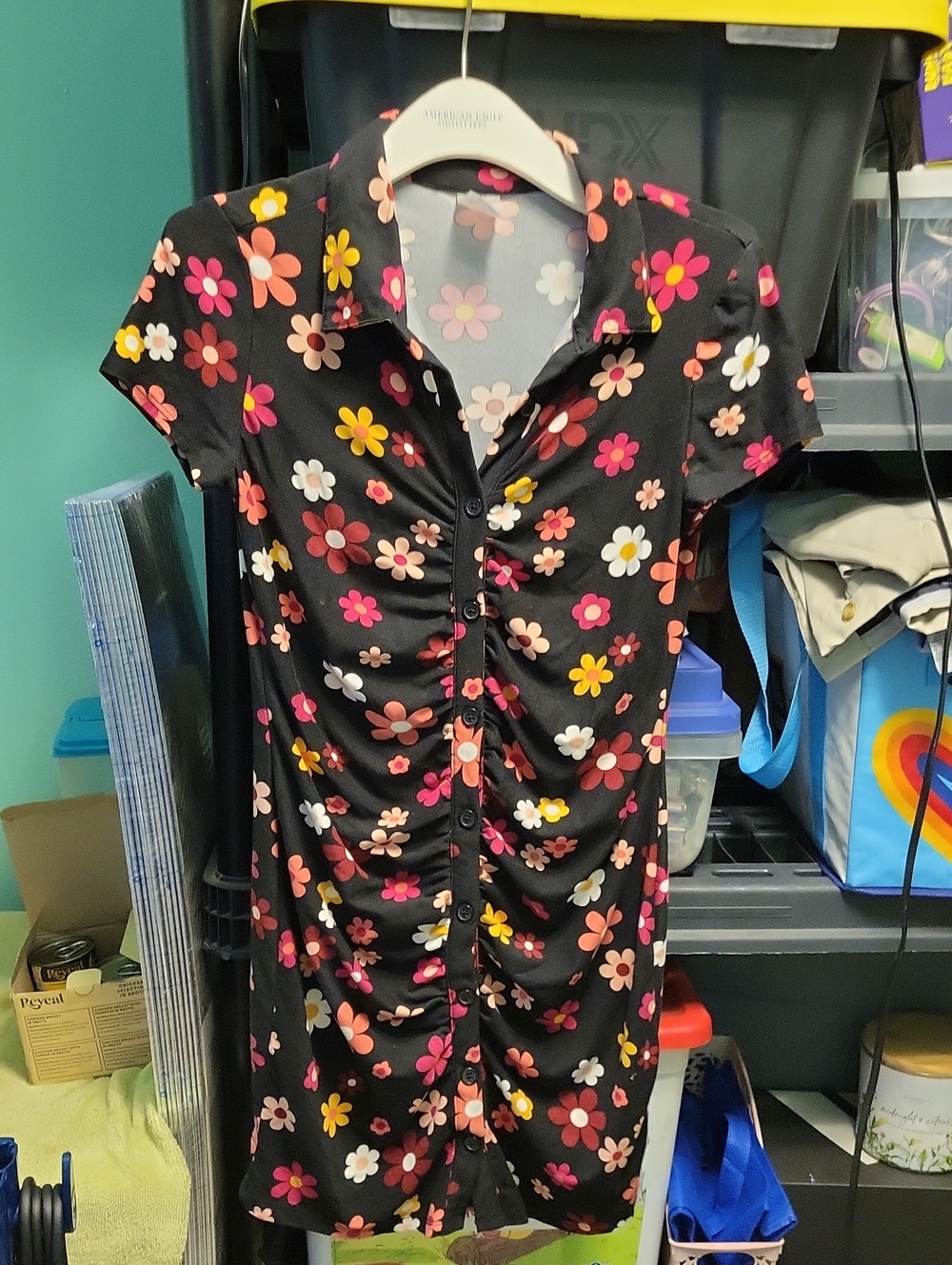 NOBO Black Floral Button-Front Shirt Dress with Pink & Yellow Flowers